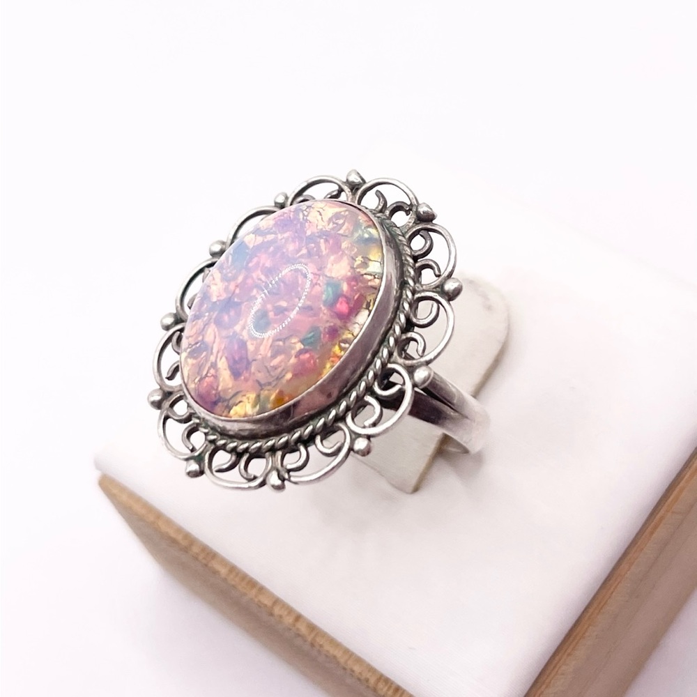 Oval Fire Opal-Effect Statement Ring In Silver-Tone View 2